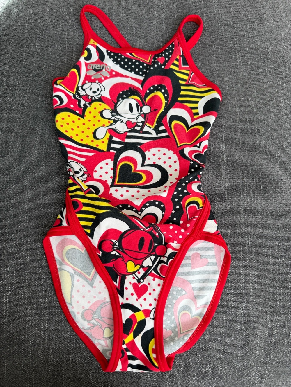Arena Kids Red, Black, Yellow Heart-Print One-Piece Swimsuit 130cm